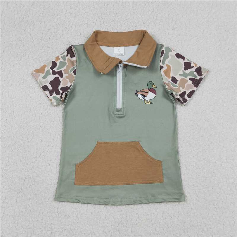 1.13 RTS NO MOQ (In stock)Matching BT1530 Baby Boys Southern Camo Short Sleeve Ducks Zip Pockets Hunting Pullovers Top