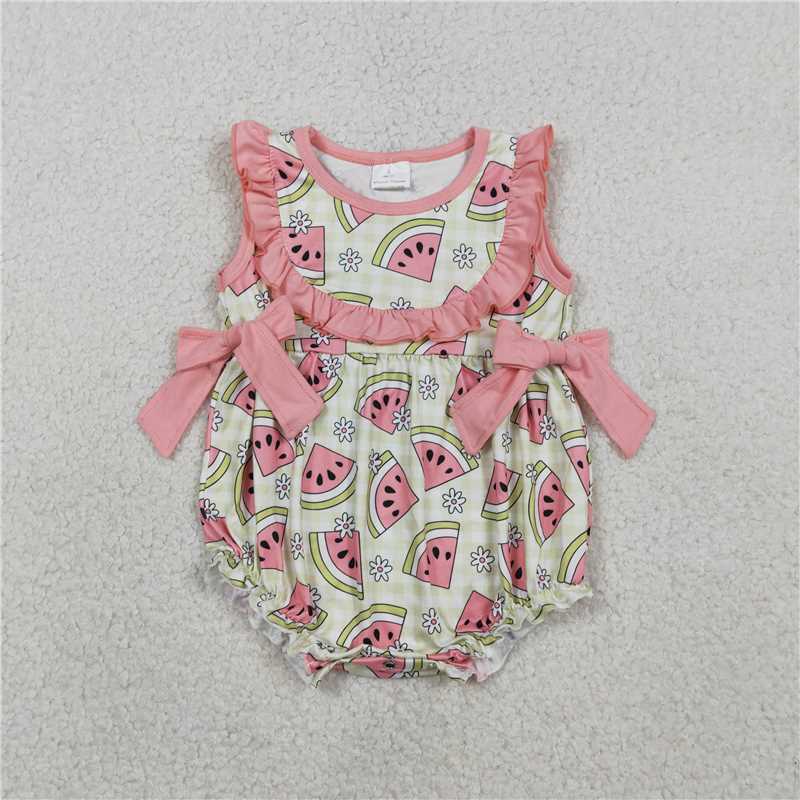USA Warehouse (IN STOCK) SR3920 Baby Girls Summer Sleeveless Green Checked Watermelons Ruffle Rompers