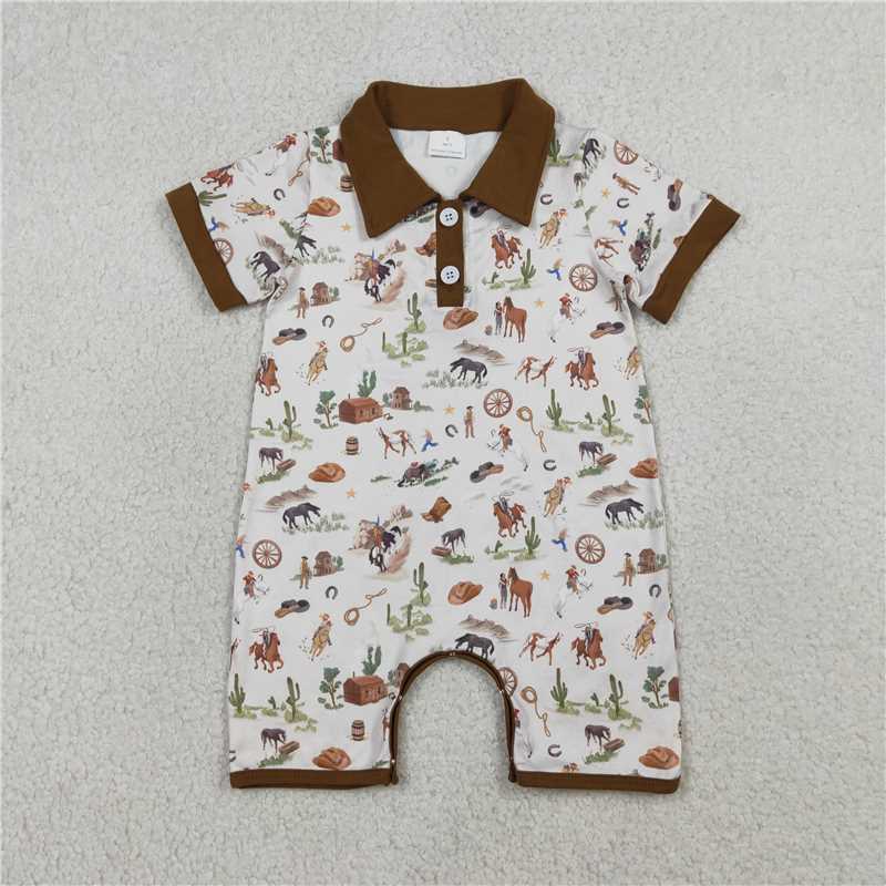USA Warehouse (IN STOCK) SR3882 Short sleeves brown cactus rodeo western baby boy romper