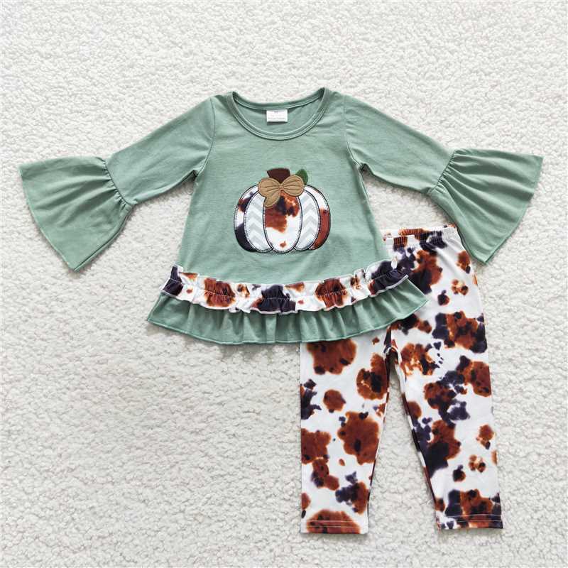 GLP0578Pumpkin top cow print leggings baby girls fall clothes