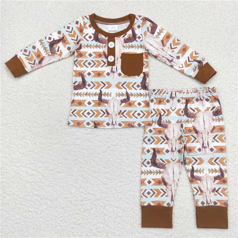 BLP0341Brown pocket bull skull long sleeves kids boy western pajamas