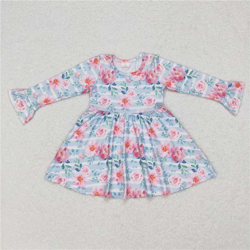9.19 RTS NO MOQ(In stock)G6-11-1' Baby Girls Winter Dress Light blue long-sleeved dress with pink flowers and green leaves
