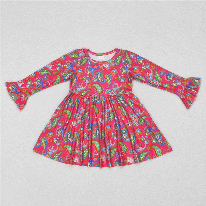 9.20 RTS NO MOQ(In stock)G6-11-1[ Baby Girls Winter Dress Colorful patterned rose red long-sleeved dress