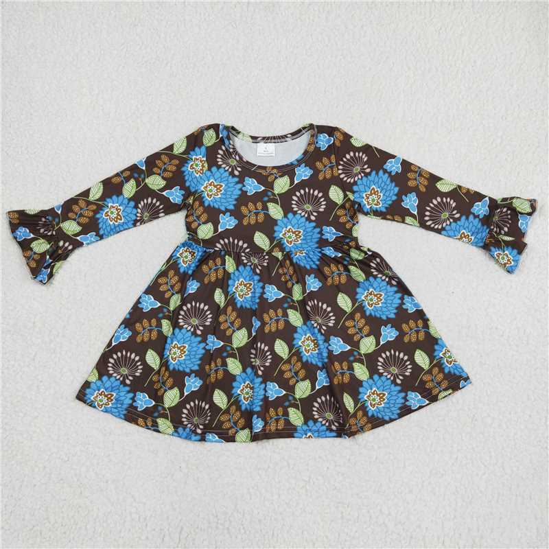 9.20 RTS NO MOQ(In stock)G6-11 Baby Girls Winter Dress Blue flower green leaf brown long sleeve dress