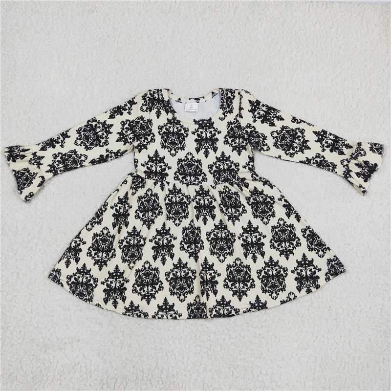9.22 RTS NO MOQ(In stock)G6-11. Baby Girls Winter Dress Black pattern light yellow long-sleeved dress