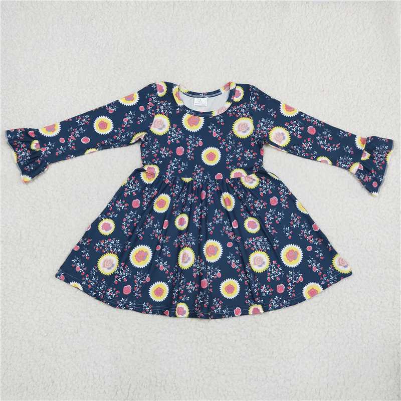 9.19 RTS NO MOQ(In stock)G6-6-7[ Baby Girls Winter Dress Yellow flower navy blue long sleeve dress
