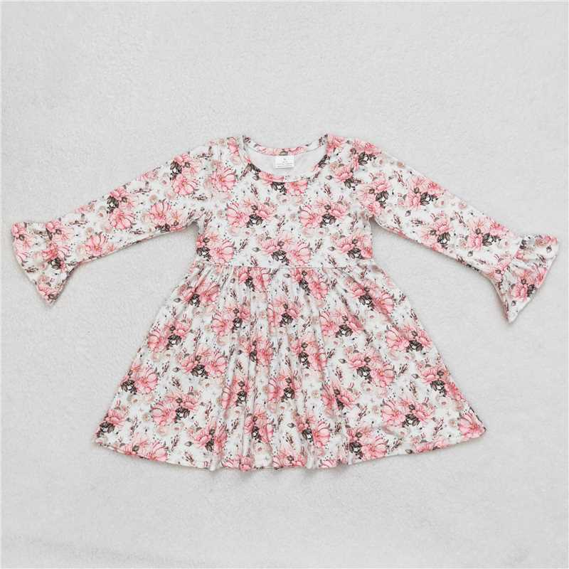 9.22 RTS NO MOQ(In stock)G6-6-4. Baby Girls Winter Dress Lotus pink floral white long-sleeved dress