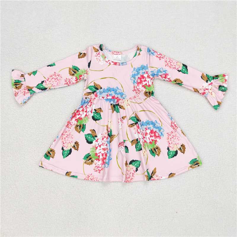 9.22 RTS NO MOQ(In stock)G6-6-4.. Baby Girls Winter Dress Pink long-sleeved dress with red, blue flowers and green leaves