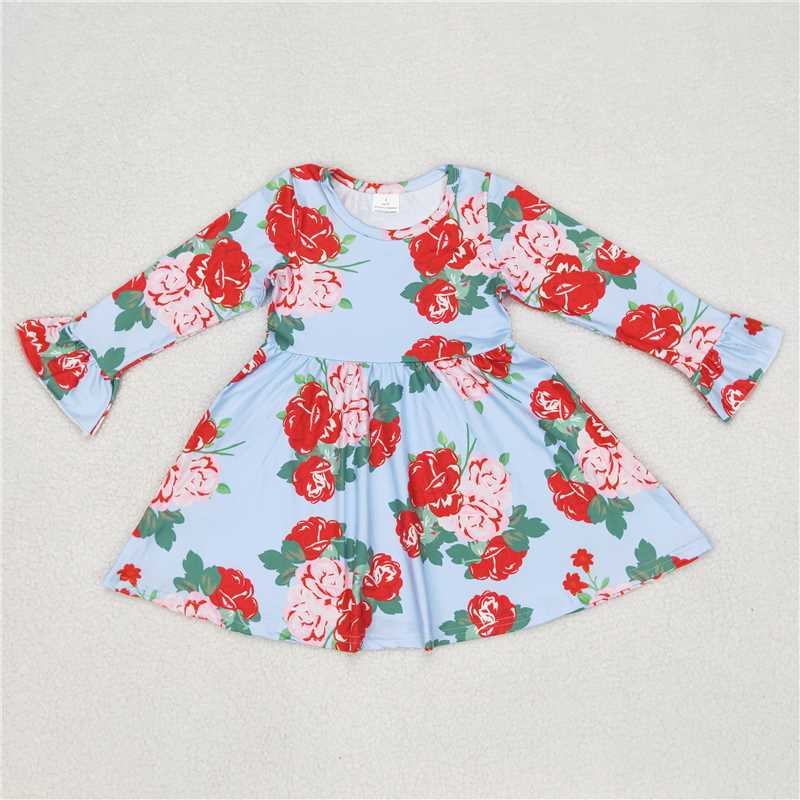 9.25 RTS NO MOQ(In stock)G6-6-3'' Baby Girls Winter Dress Pink floral blue long-sleeved dress