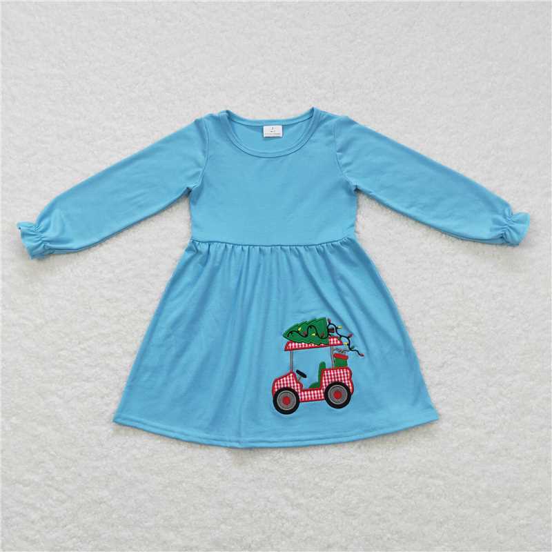 11.24 RTS NO MOQ (In stock)GLD0391 Baby Girls Christmas Tractor Blue Knee Length Dresses
