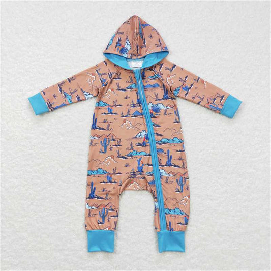 RTS LR0702 Desert Cactus Brown Blue Hooded Zipper Long Sleeve Bodysuit