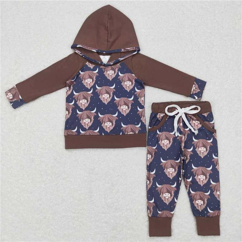 BLP0365 Alpine Bullhead Gray Brown Hooded Long Sleeve Pants Set