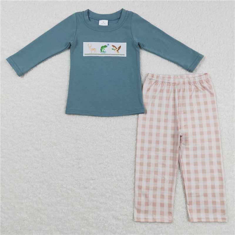 12.8 RTS NO MOQ (In stock)Matching BLP0381 Fishing Deer Duck Baby Boys Kids Blue Shirt Pants Fall Clothes Sets