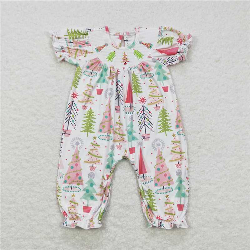 SR0419 Baby Girls Smocked Christmas Tree Rompers