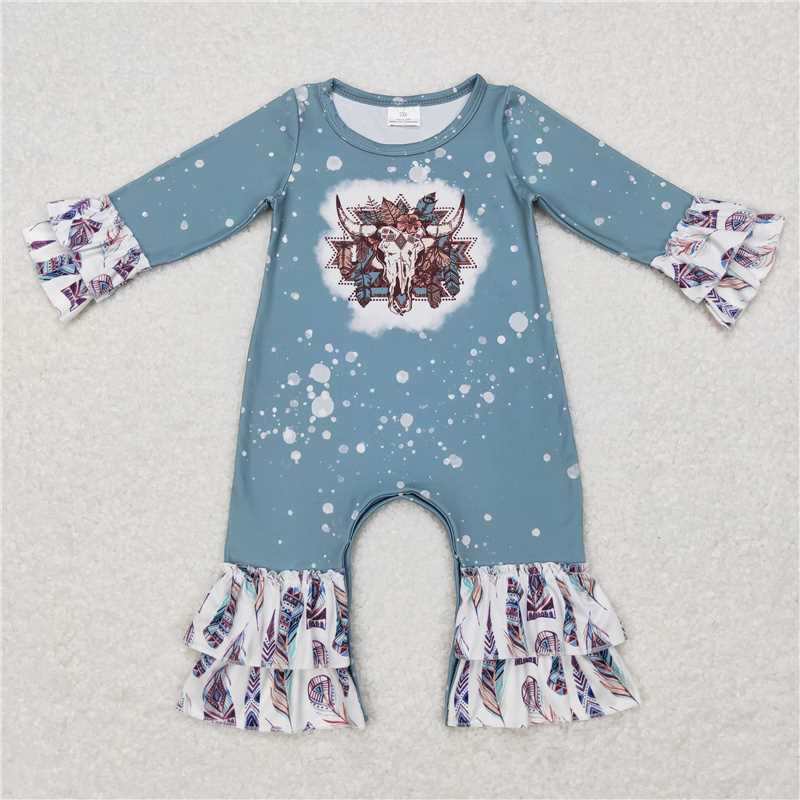 LR0593Bull skull feather baby girls western romper