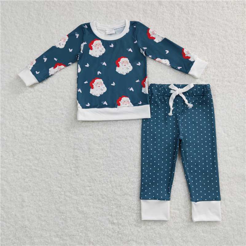 12.10 RTS NO MOQ (In stock)GLP0916 Baby Kids Green Santa Top Dots Pants Pajamas Clothing Sets