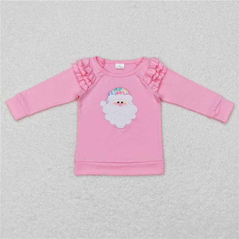 11.19 RTS NO MOQ (In stock)GT0369 Baby Girls Christmas Pink Santa Long Sleeve Ruffle Tee Shirts Tops