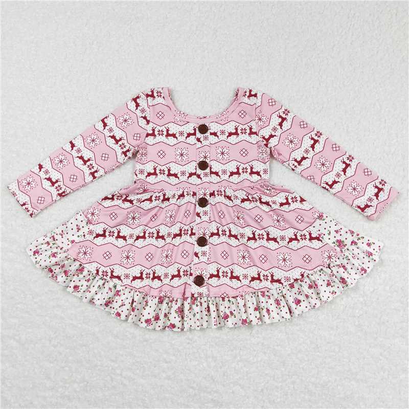 GLD0433 Baby Girls Christmas Pink Deer Ruffle Knee Length Dresses