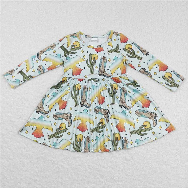 GLD0349 Baby Girls Western Birds Boots Cactus Knee Length Dresses