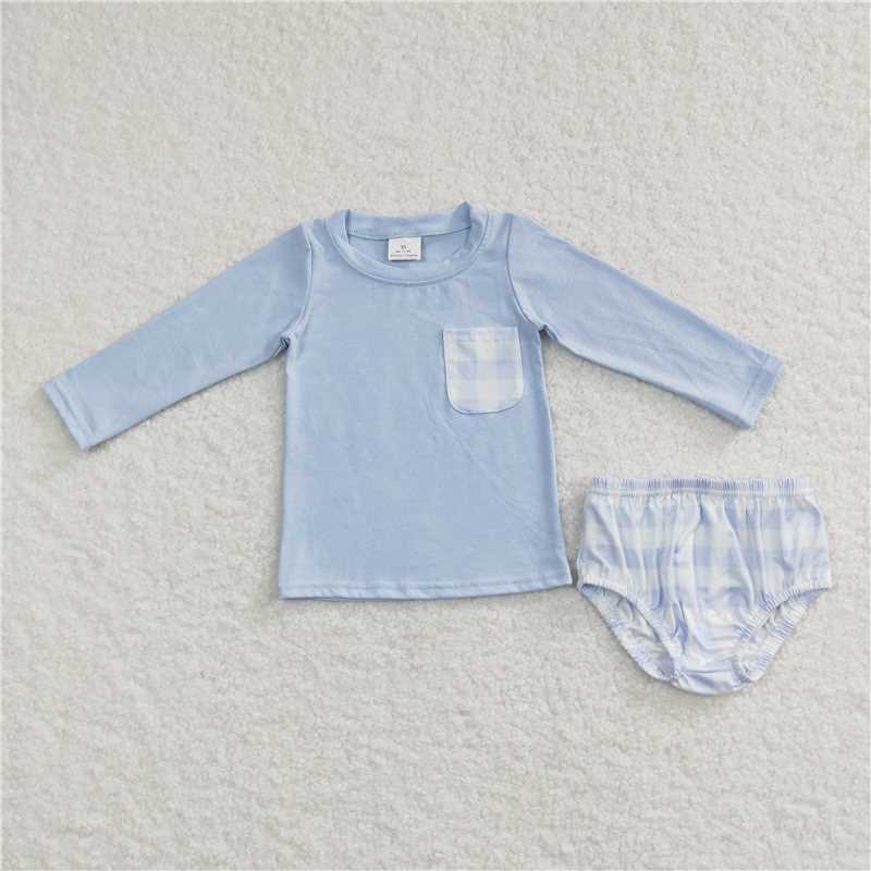 GBO0194 Baby Boys Spring Blue Top Checkered Bummie Sets