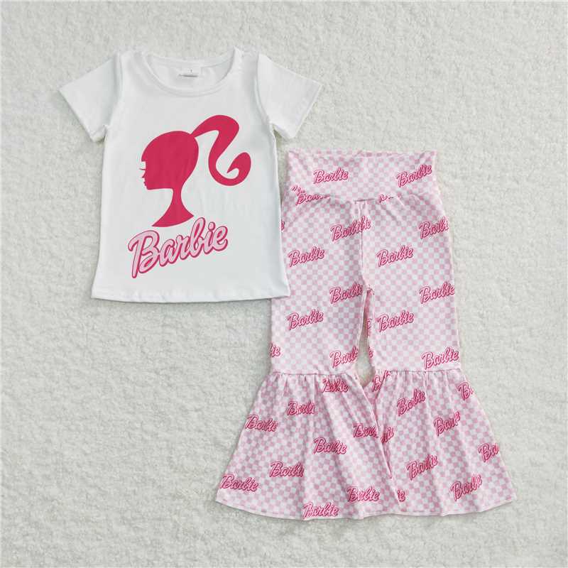 GSPO0876 Barbie avatar white short-sleeved pink plaid trousers suit