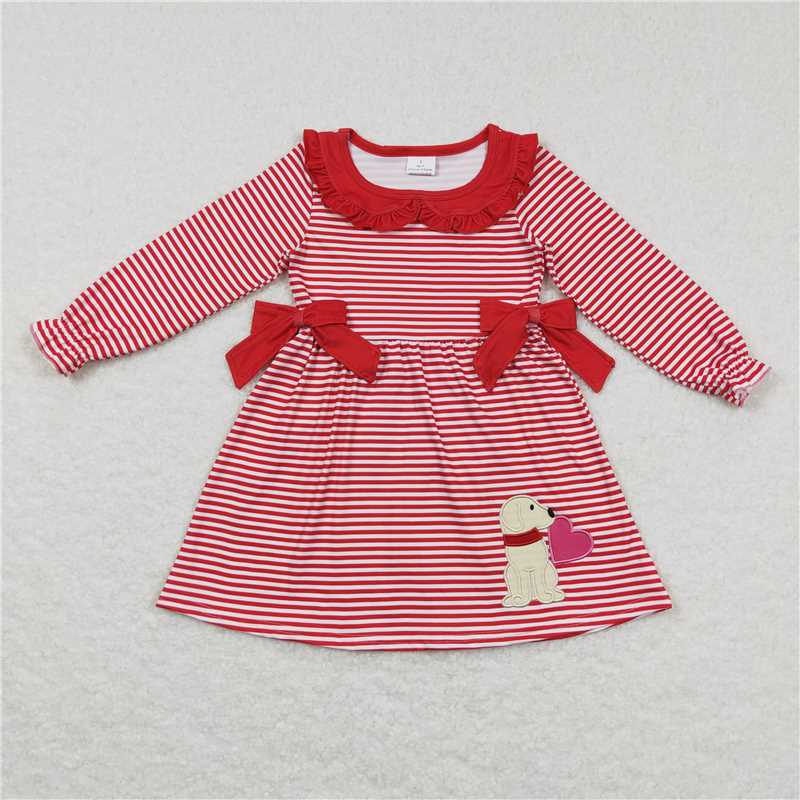 10.20 RTS NO MOQ (In stock) Matching Valentines LD0448 Baby Girls Valentines Red Stripes Dogs Bows Knee Lengt