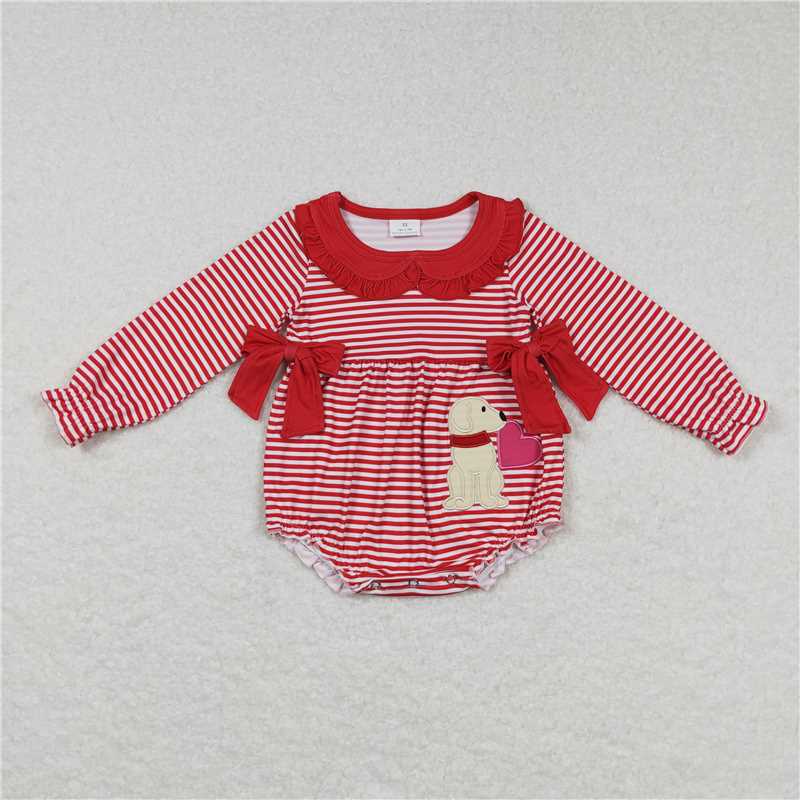 10.20 RTS NO MOQ (In stock) Matching Valentines LR0763 Baby Infant Girls Red Stripes Dogs Long Sleeve Hearts Valentines Rompers