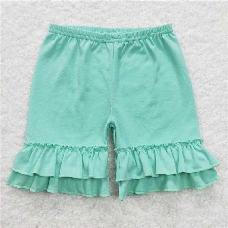 SS0180 Baby Girls Summer Green Cotton Double Ruffle Shorts