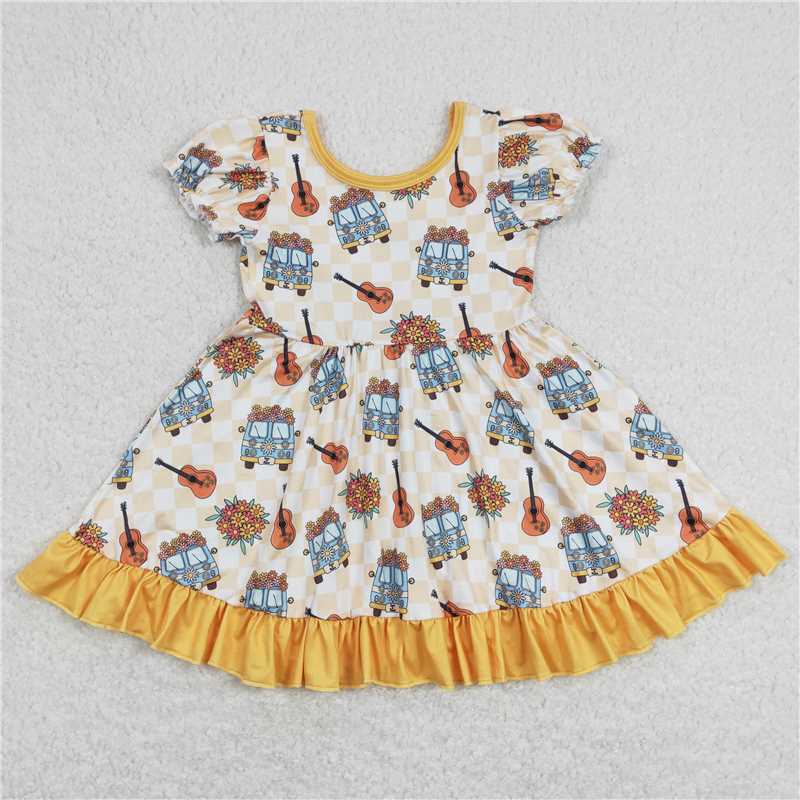 GSD0816 Short sleeves plaid floral guitar girls ruffle dress