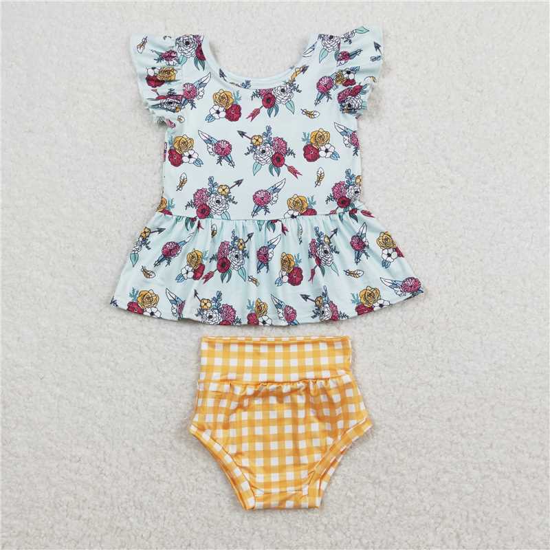 GBO0281 Baby Girls Flowers Mustard Flutter Sleeve Tunic Top Bummies Clothes Sets