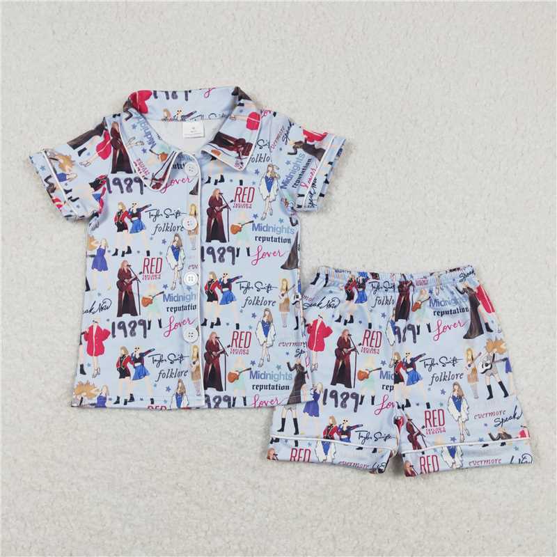 BSSO0545 Baby Girls Singer Sibling Buttons Shirts Shorts Pajamas Clothes Sets