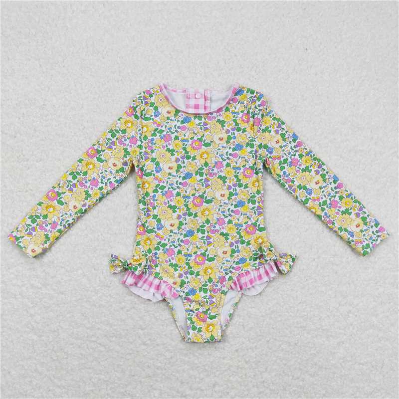 S0191 Baby Girls Summer Long Sleeve Flowers Bows One Piece Swimsuits