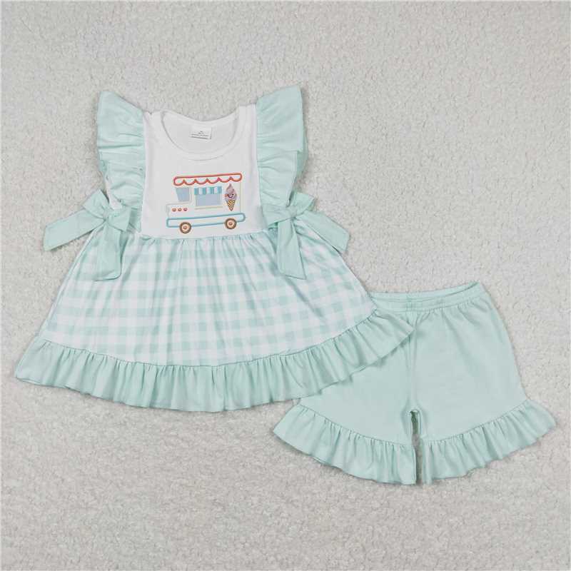GSSO0554Ice cream plaid tunic ruffle shorts girls summer clothes