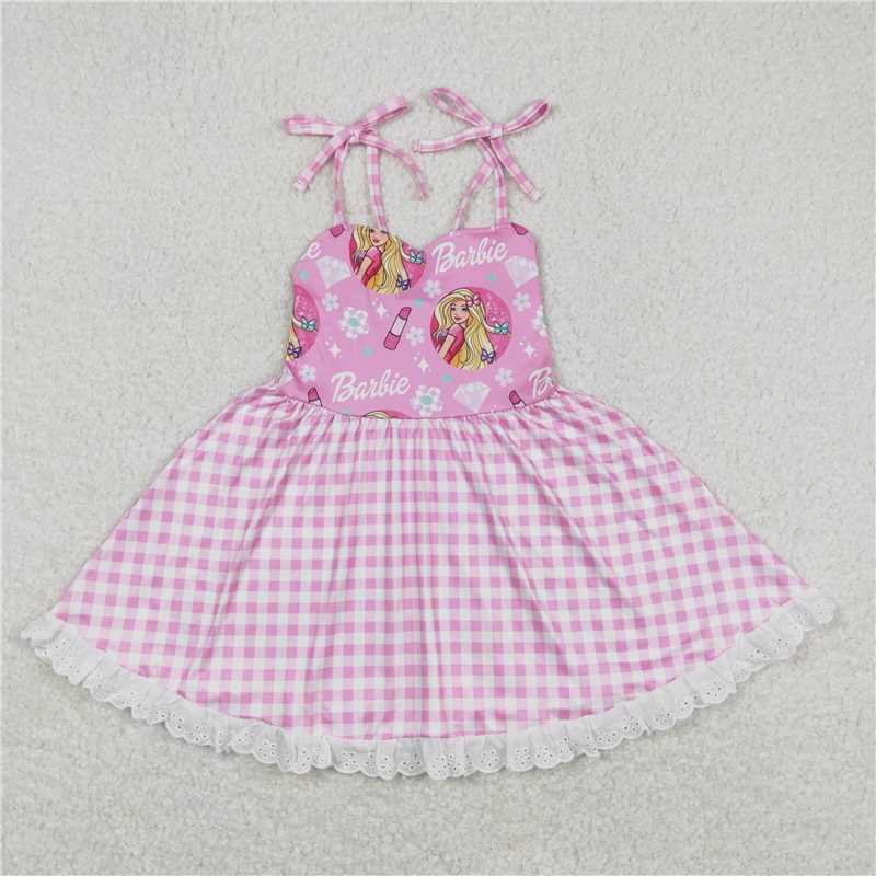 GSD0526 Baby Girls Doll Lace Straps Checkered Knee Length Dresses