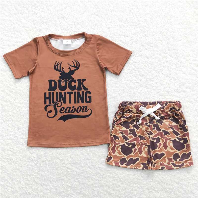 BSSO0340 Baby Boys Duck Hunting Season Brown Tee Shirts Shorts Clothes Sets