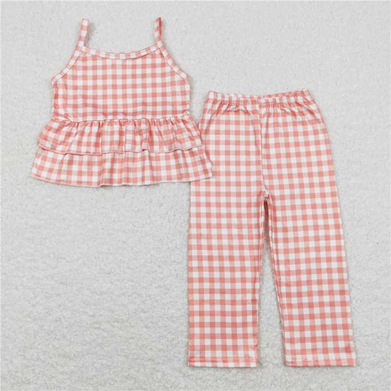GSPO1377 Orange and white plaid lace suspender trousers set