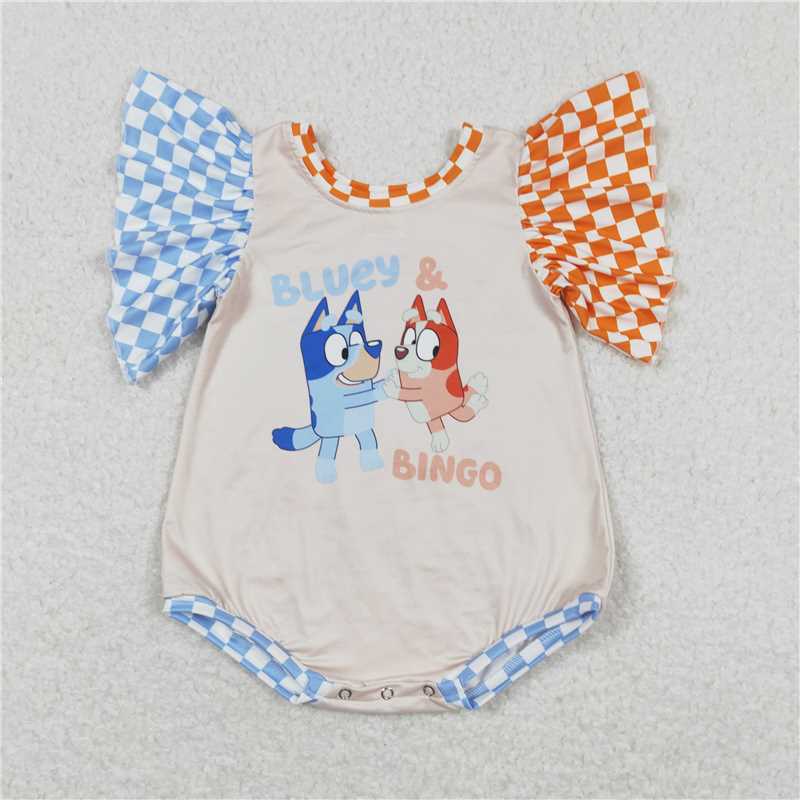 SR1098 Baby Infant Girls Sister Dogs Checkered Sleeveless Rompers