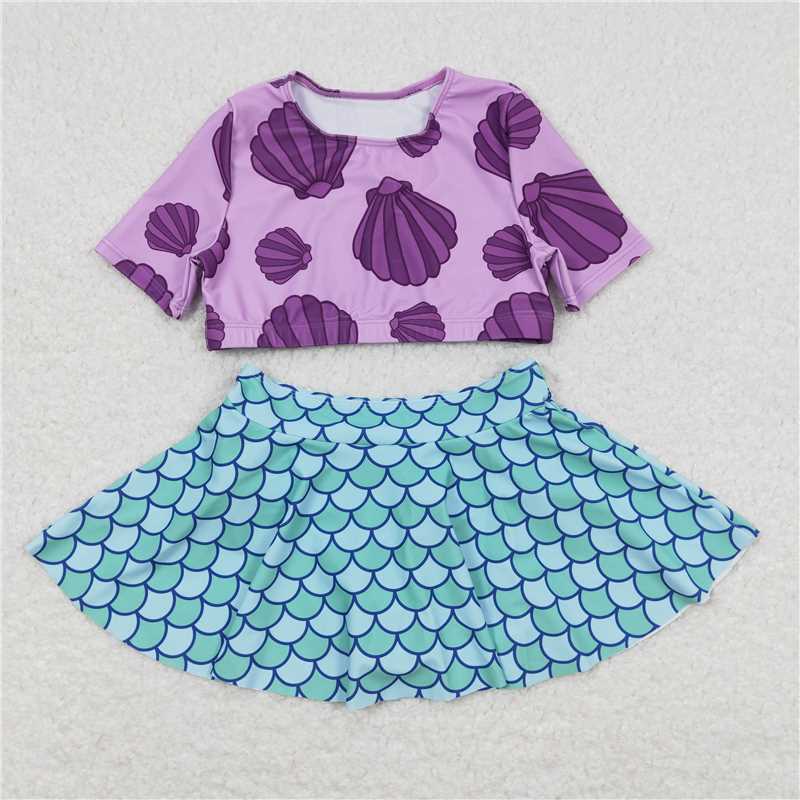 S0222 Baby Infant Girls Mermaid Scale Shirt Skirt 2pcs Swimsuits