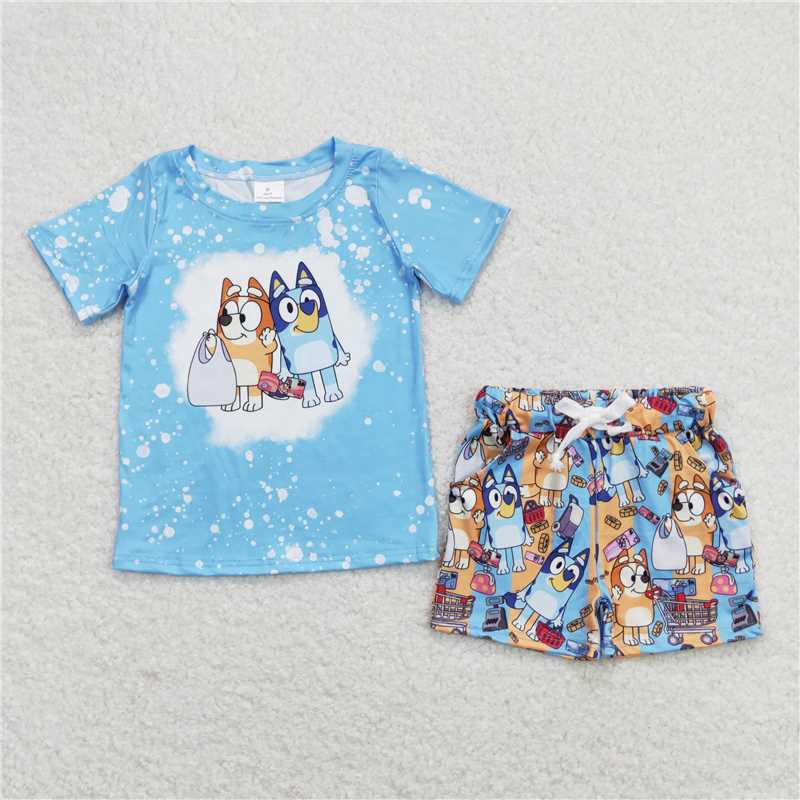 BSSO0599 Baby Boys Dogs Bleached Shirt Top Shorts Clothes Sets