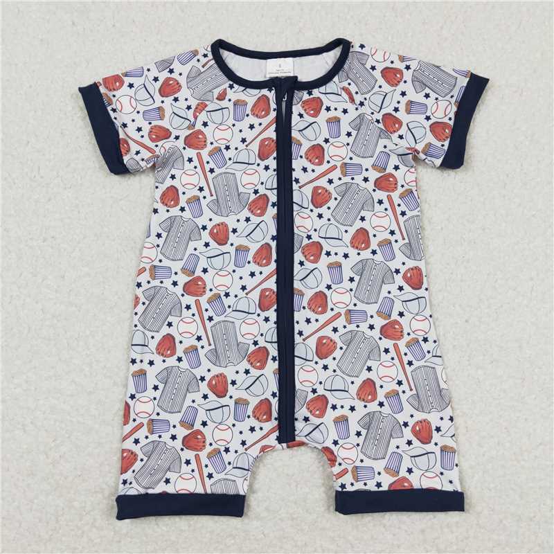 SR0581 Baby Infant Boys Baseball Zip Short Sleeve Rompers