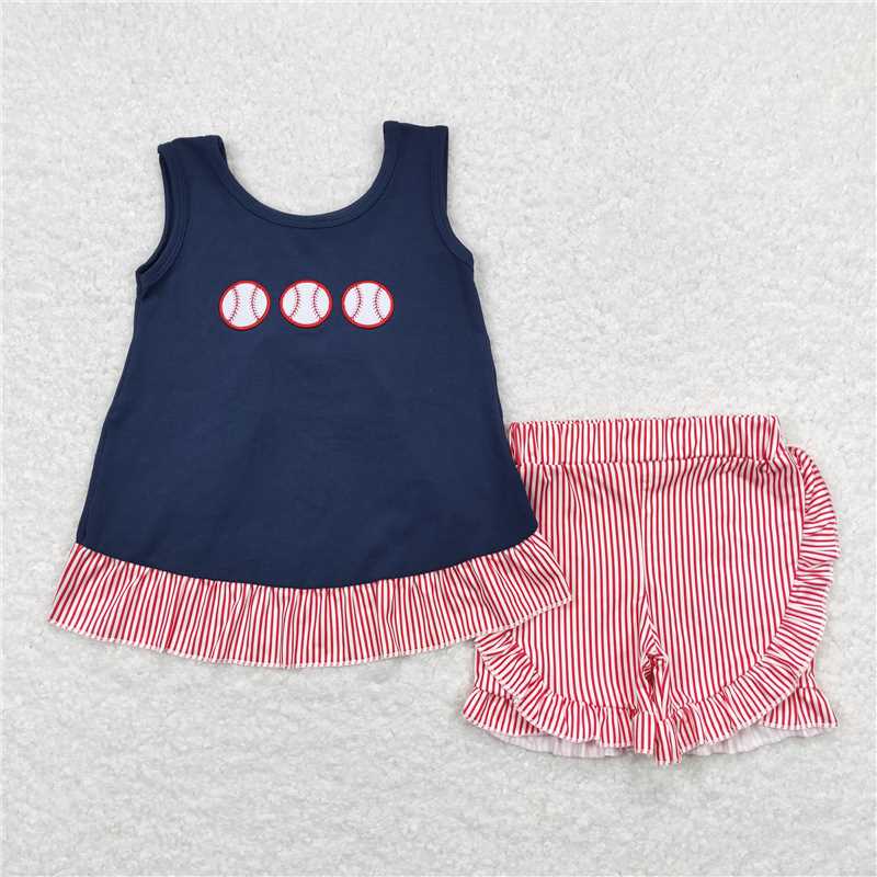 GSSO0405RTS NO MOQ Baby Girls Summer Outfits Sleeveless baseball tunic stripe shorts kids girls clothing