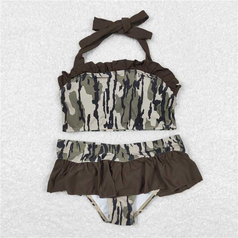 S0193 Baby Girls Summer Brown Camo Bunches 2pcs Ruffle Swimsuits