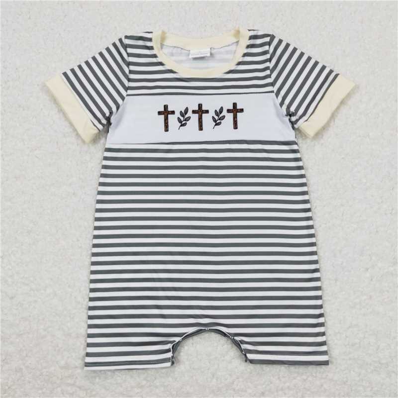 1.5 RTS NO MOQ (In stock)Matching Easter SR0814 Baby Infant Boys Short Sleeve Easter Cross Rompers
