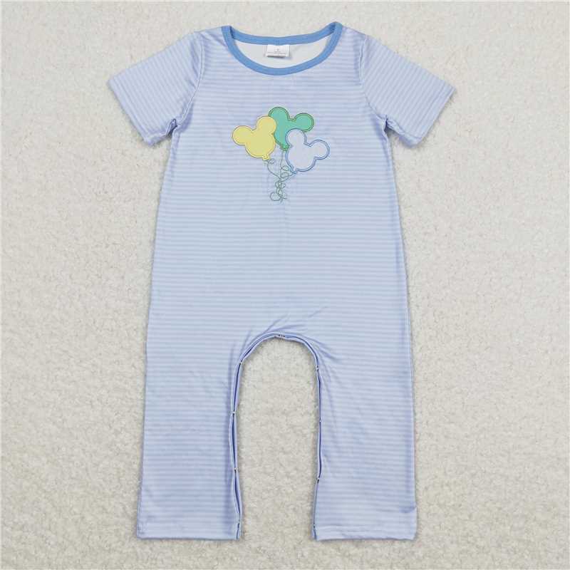 SR0612 Baby Infant Boys Blue Stripes Balloon Short Sleeve Rompers