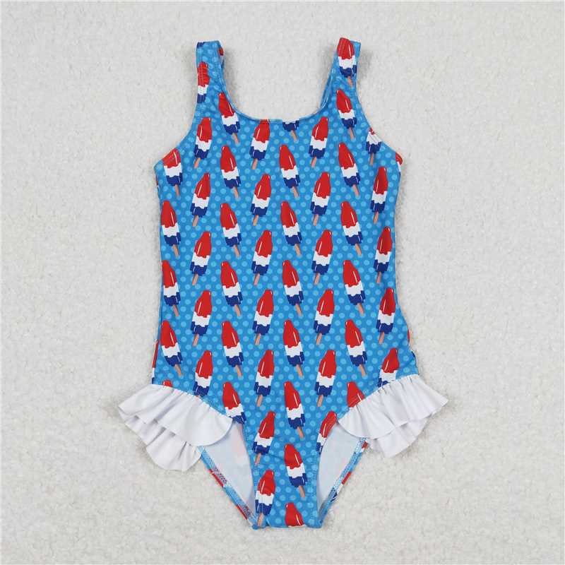 S0217 Baby Girls 4th Of July Popstick Ruffle One Piece Swimsuits