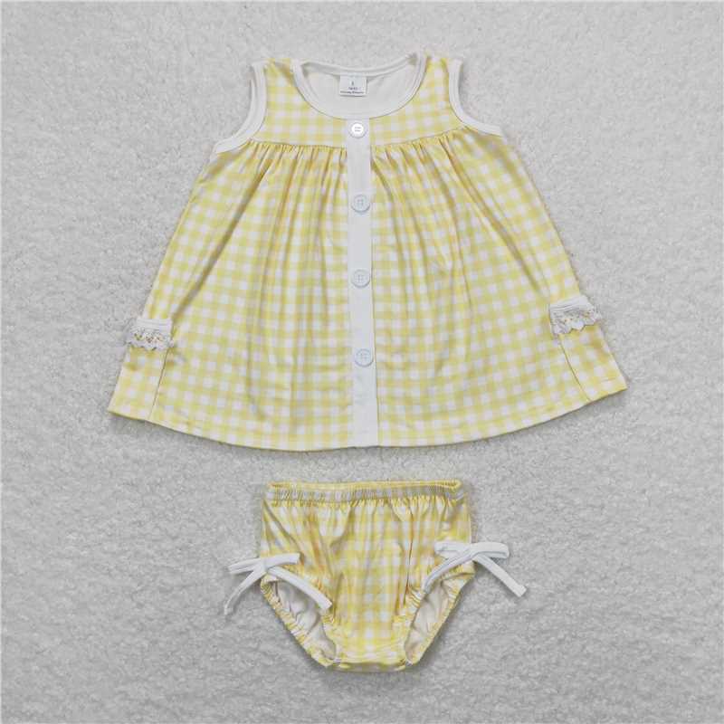 GBO0261 Baby Girls Yellow Checkered Tunic Top Bummies Clothes Sets