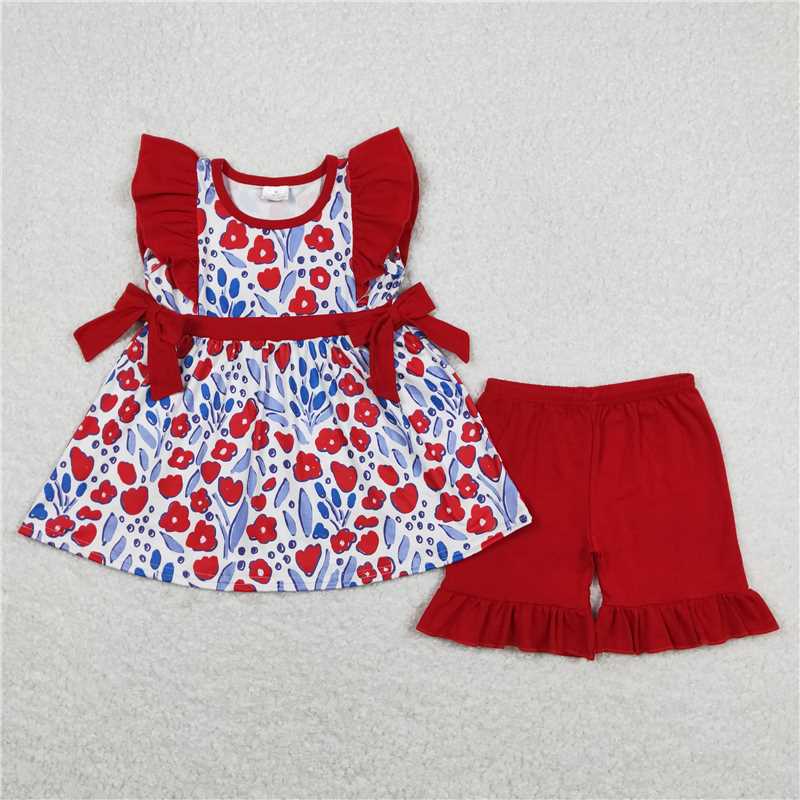 GSSO0609Red floral blue tunic shorts girls 4th of july clothing