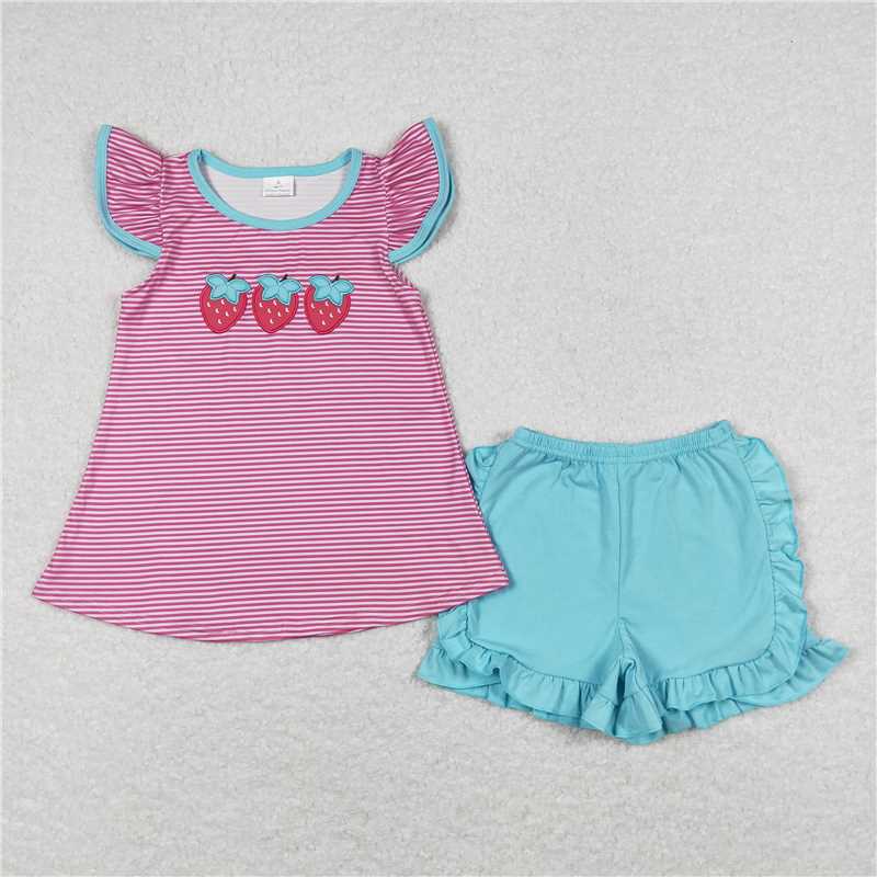 GSSO0556Flutter sleeves strawberry shirt ruffle shorts girls clothes
