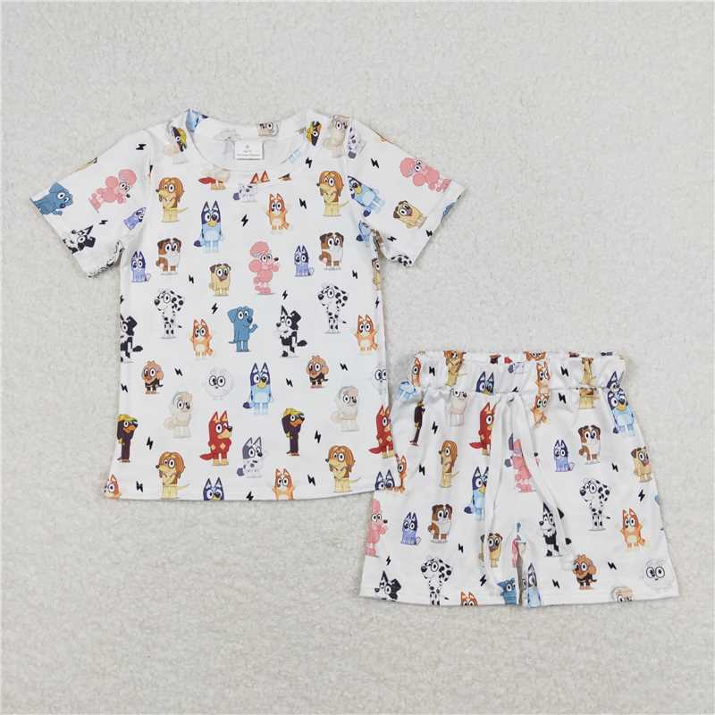 BSSO0660 Baby Girls Dogs White Short Sleeve Shirt Shorts Outfits Clothes Sets