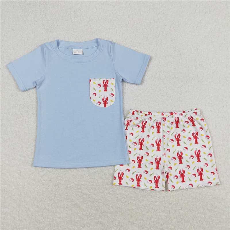 12.30 RTS NO MOQ (In stock)Matching BSSO0648 Baby Boys Blue Pocket Shirt Crawfish Shorts Clothes Sets